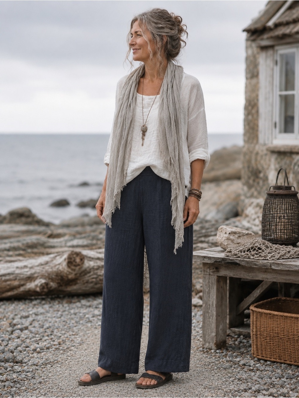 Bryn Walker 100% Linen Navy Blue Straight Leg Pull On Pants Sz Large